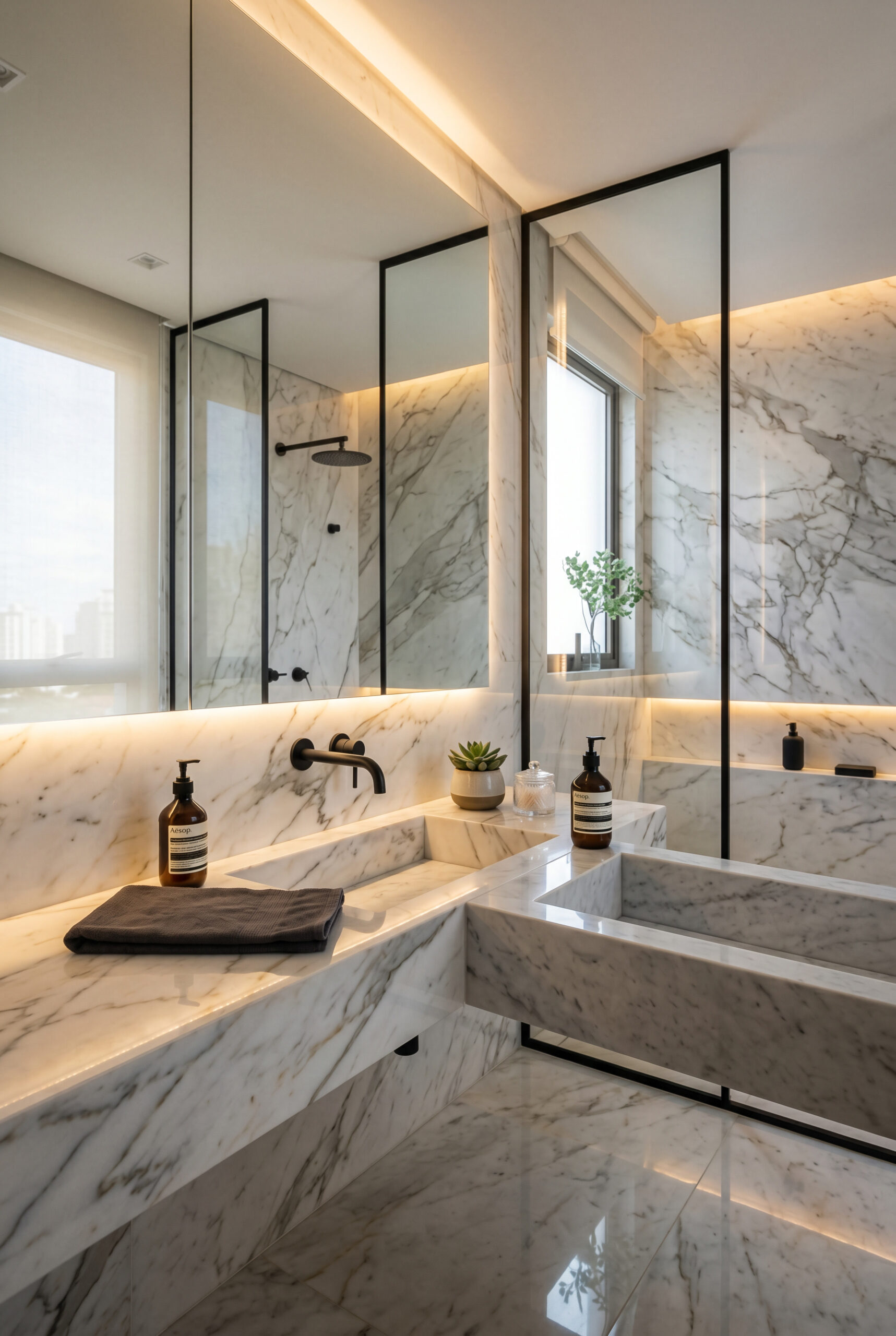 Lavatório e banheiro em mármore premium