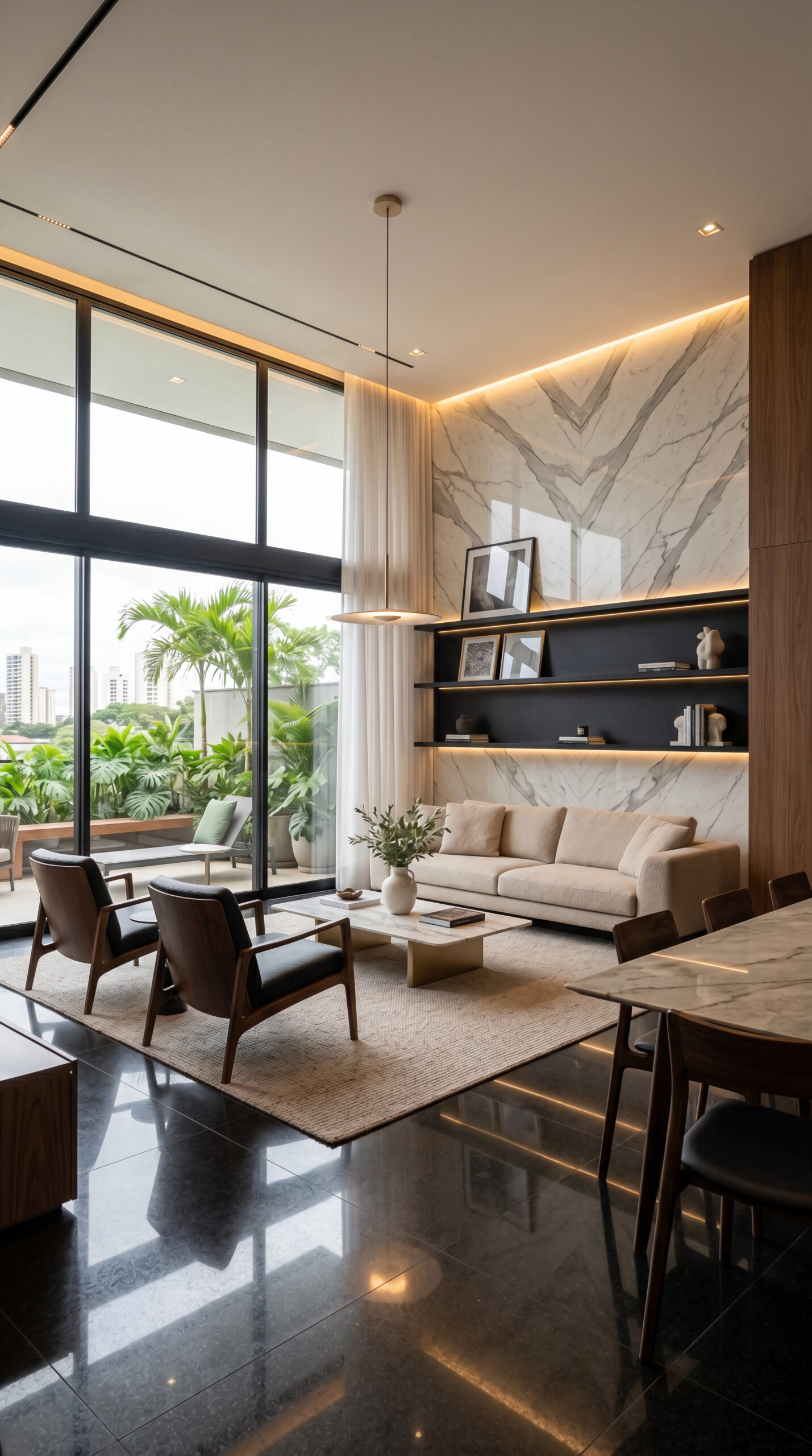 Living sofisticado com superfícies premium