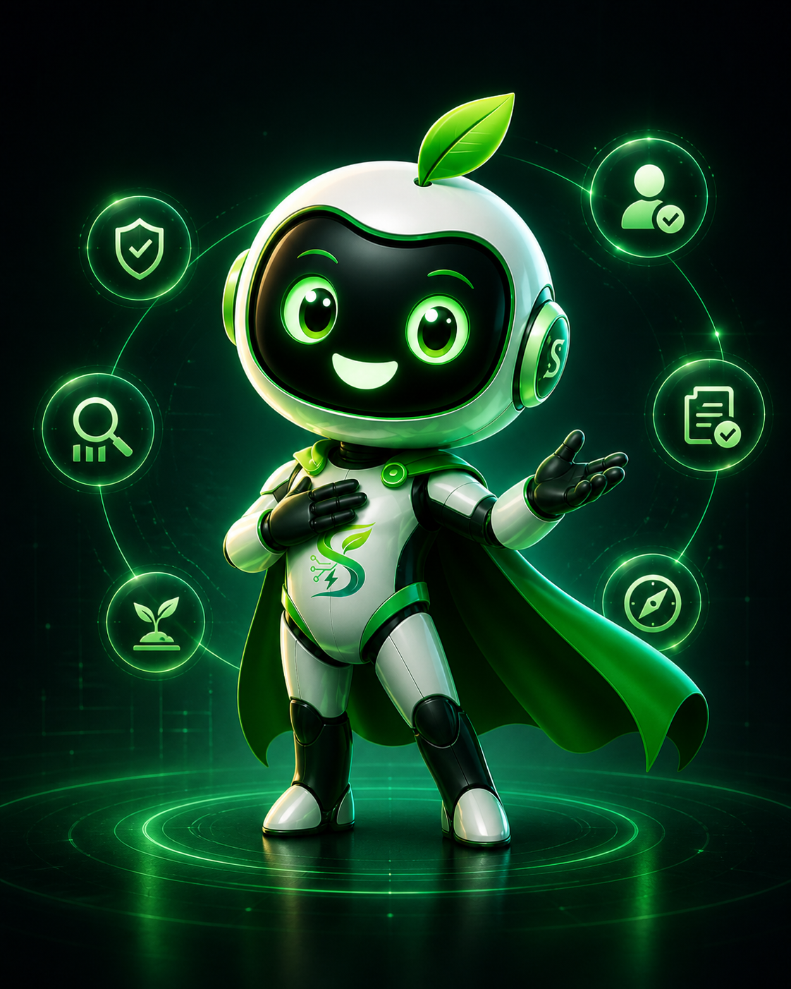 Mascote SolIA Green apresentando clareza, segurança, escala e processo digital