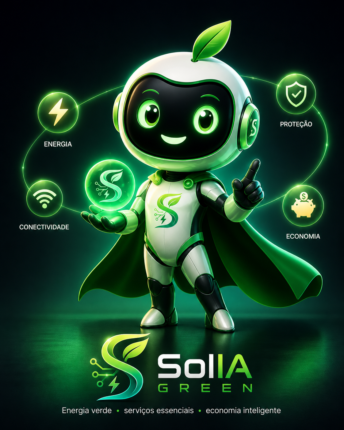Mascote SolIA Green simbolizando energia verde, serviços essenciais, conectividade, proteção e economia inteligente